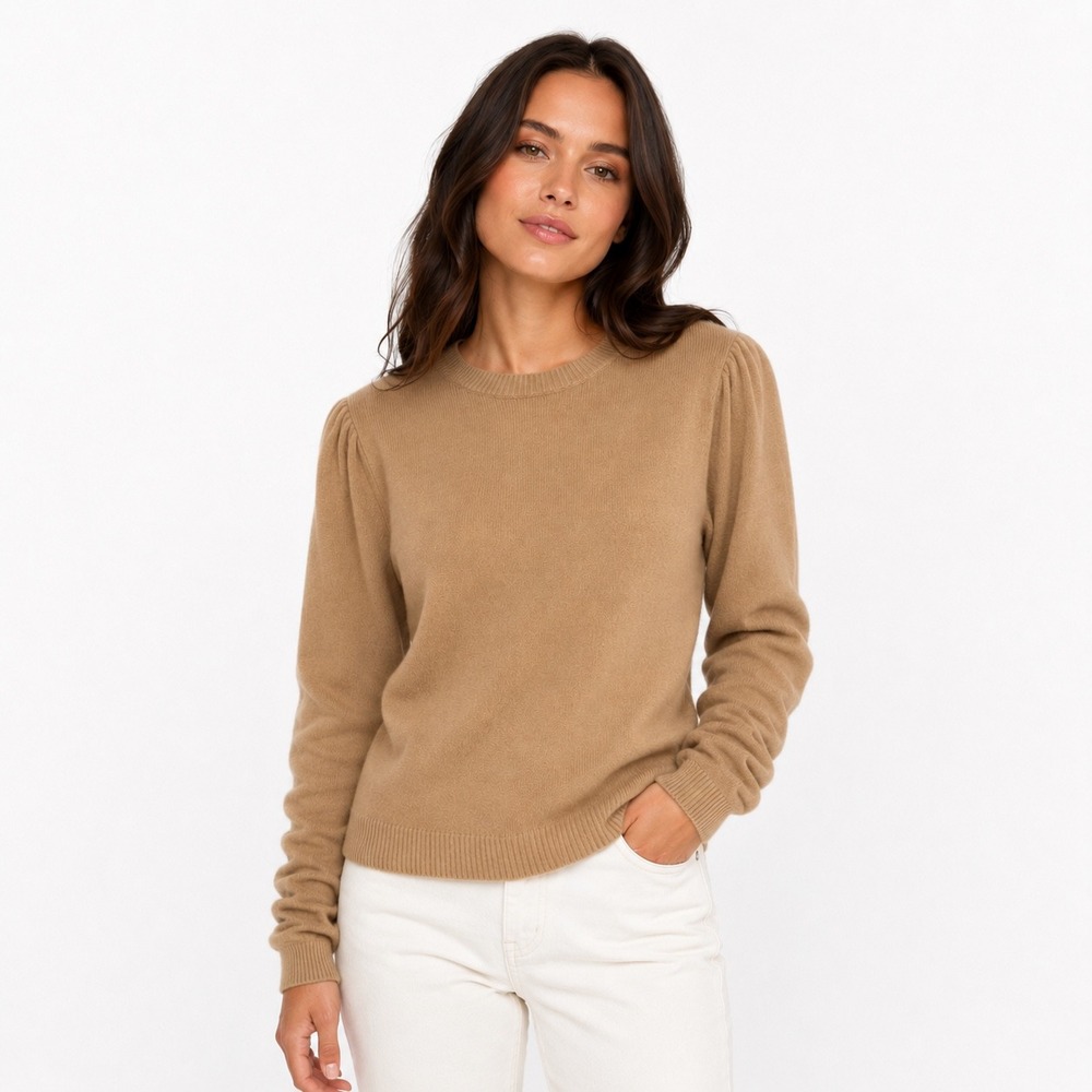 100% Cashmere Frame Long Sleeve Sweater Caramel Heather Brown Small